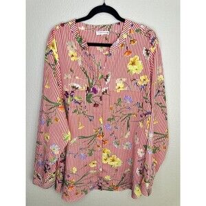 Calvin Klein Shirt Womens 3X Red White Stripe Floral Blouse Long Sleeve V Neck